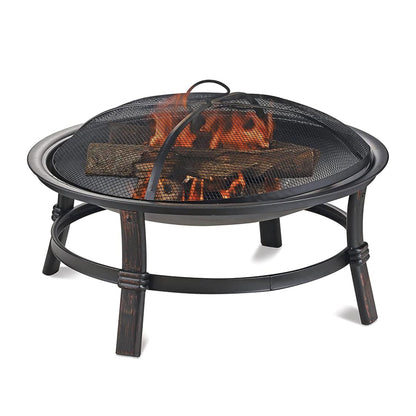 29.3-Inch Round Fire Pit Bowl with Domed Mesh Cover, Four-Leg Stand and Long Poker in Black