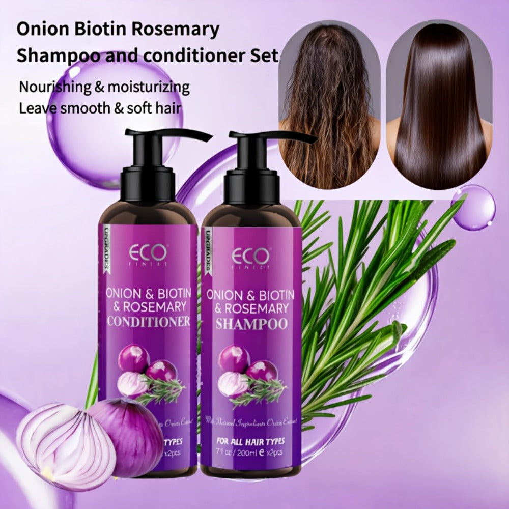 Onion, Biotin and Rosemary-Labeled Shampoo and Conditioner Set in Purple Pump Bottles with Jojoba Oil Wording