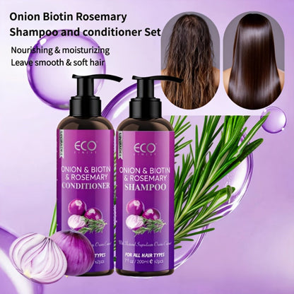 Onion, Biotin and Rosemary-Labeled Shampoo and Conditioner Set in Purple Pump Bottles with Jojoba Oil Wording