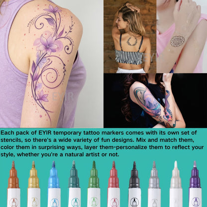 Double-Ended Tattoo Pen Set 10 Pcs with 114 Templates & Butterfly Stickers, Waterproof Sweat-Resistant DIY