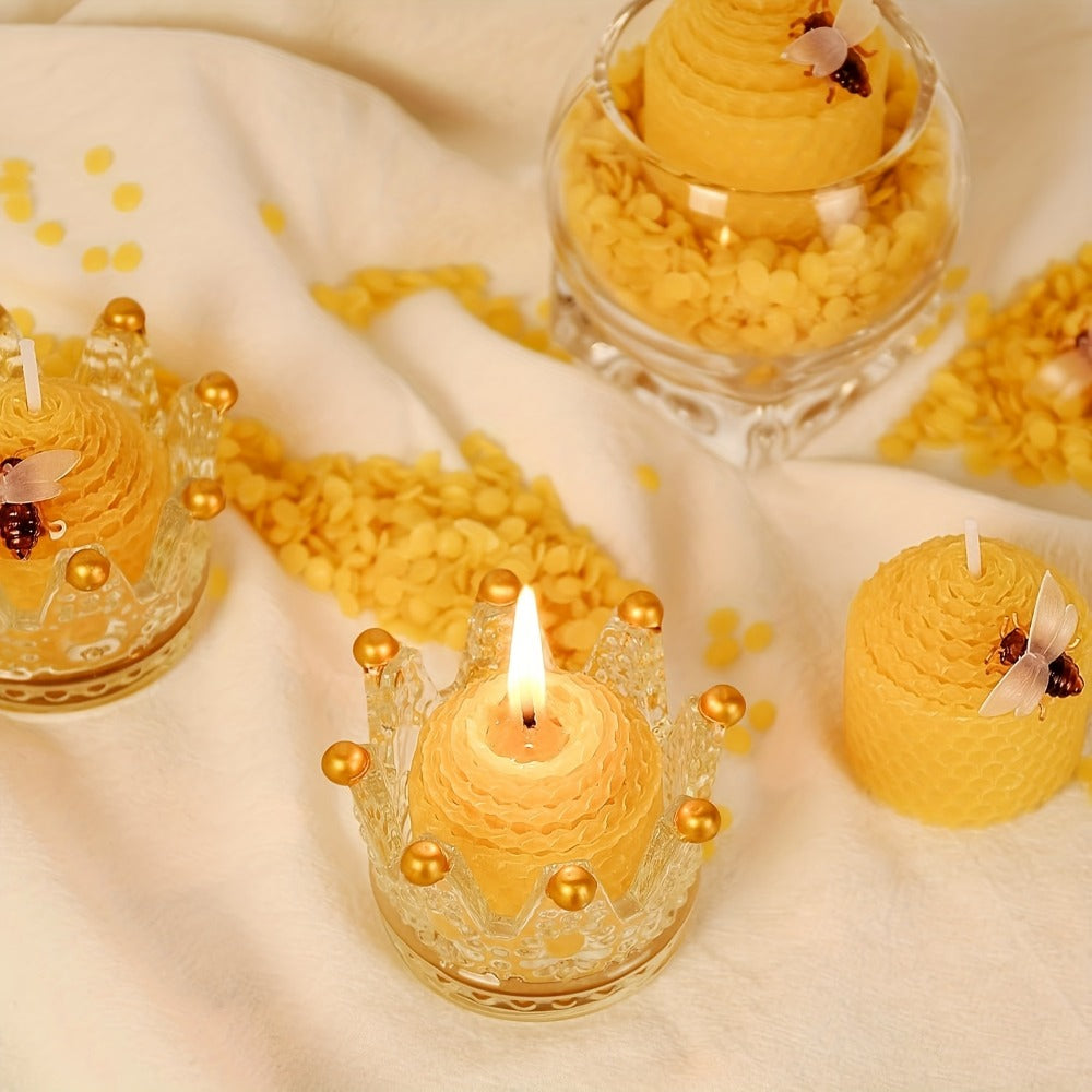 Beeswax Candles Set – Natural Pure Beeswax Votive Candles with Bee Decorations, Handcrafted from Beekeepers