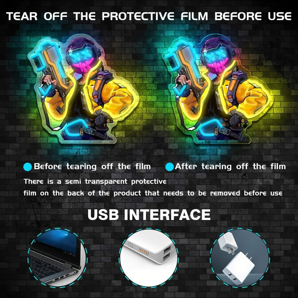 Neon Marksman LED Wall Art - UV Printed USB Powered Sniper Shooter Neon Sign for Game Room, Bar