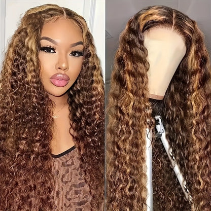 Wig Long Deep-Wave Honey Blonde Ombre, 28-Inch Synthetic Fiber with 13x4 Lace Front and Glueless Cap