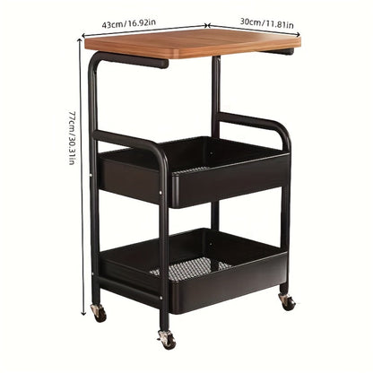 Storage Trolley with Wheels 3-Tier Wooden Tabletop Rolling Cart – Reinforced Black Metal Frame, Locking Casters