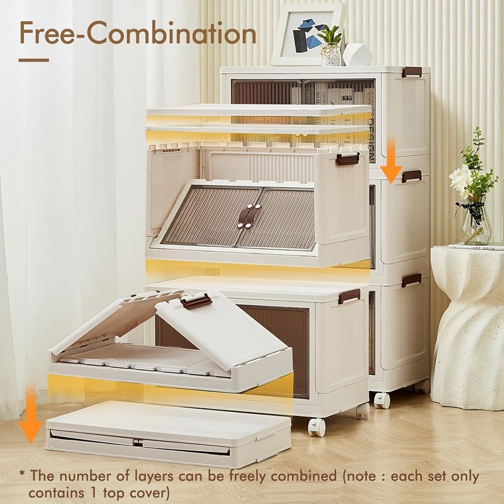 Front-Door Stackable Storage Bin Cabinets with Wheels in One-, Two- or Three-Pack Options for Home Use