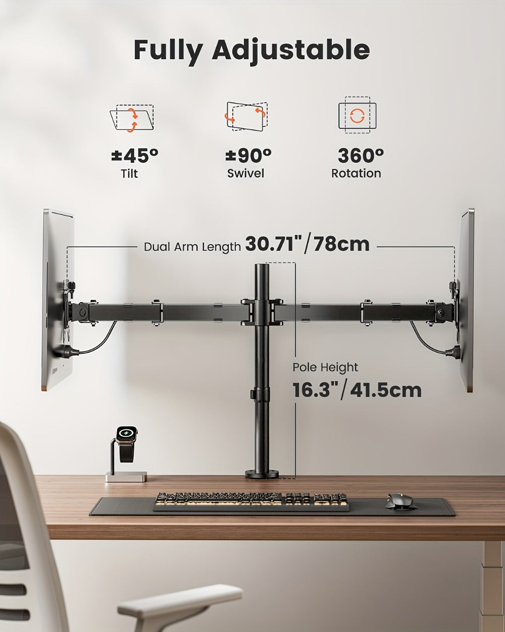 Adjustable Dual Monitor Arm for 13-32 Inch Screens, VESA 75x75/100x100mm, 45° Tilt 90° Swivel 360° Rotation