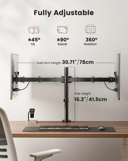 Adjustable Dual Monitor Arm for 13-32 Inch Screens, VESA 75x75/100x100mm, 45° Tilt 90° Swivel 360° Rotation