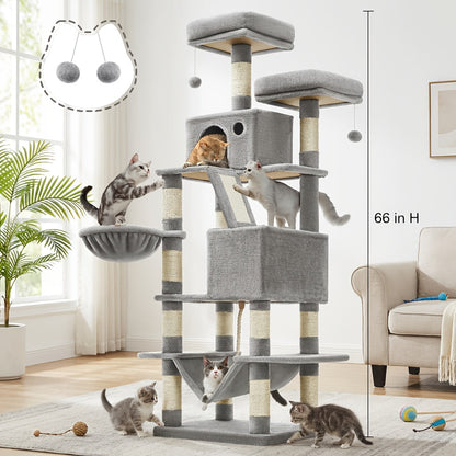 44- or 66-Inch Cat Tree Condo with Cave, Hammock, Raised Platforms and Four Color Options for Indoor Cats