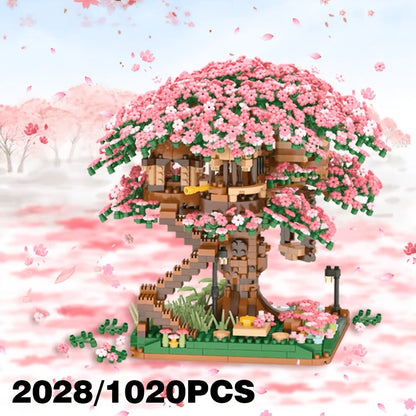 Building Block Set Cherry Blossom Tree House, 1020 or 2028 Micro Pieces with Pink Canopy and Base Display