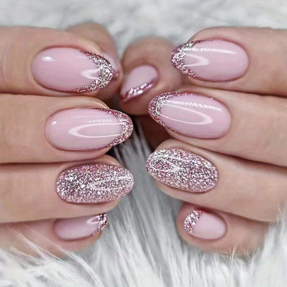 Press On Nails 120-Piece Medium Coffin Five-Pack Pinkish Purple Glitter Sequin Glossy Full-Cover Set