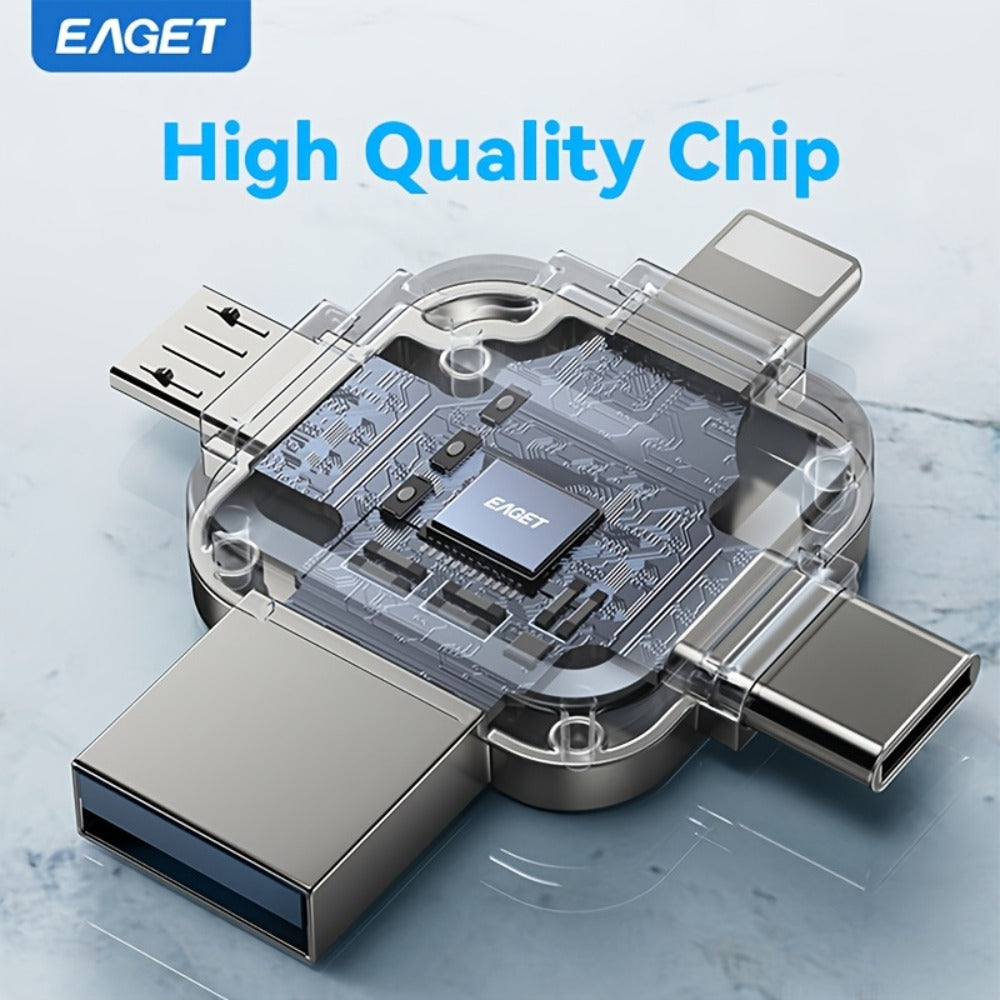 EAGET I50 iPhone Flash Drive USB 3.0 High Speed 4-in-1 Lightning Type-C Micro USB OTG Memory Stick 32GB 64GB 128GB 256GB for iPhone iPad