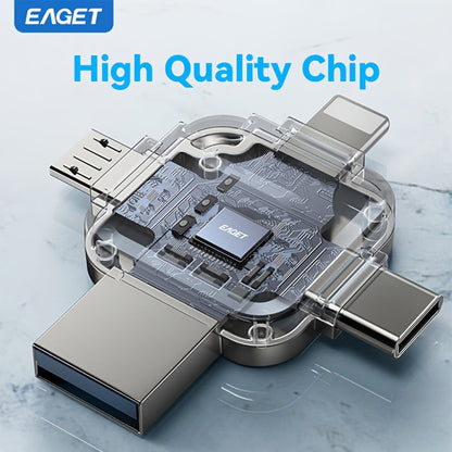 EAGET I50 iPhone Flash Drive USB 3.0 High Speed 4-in-1 Lightning Type-C Micro USB OTG Memory Stick 32GB 64GB 128GB 256GB for iPhone iPad