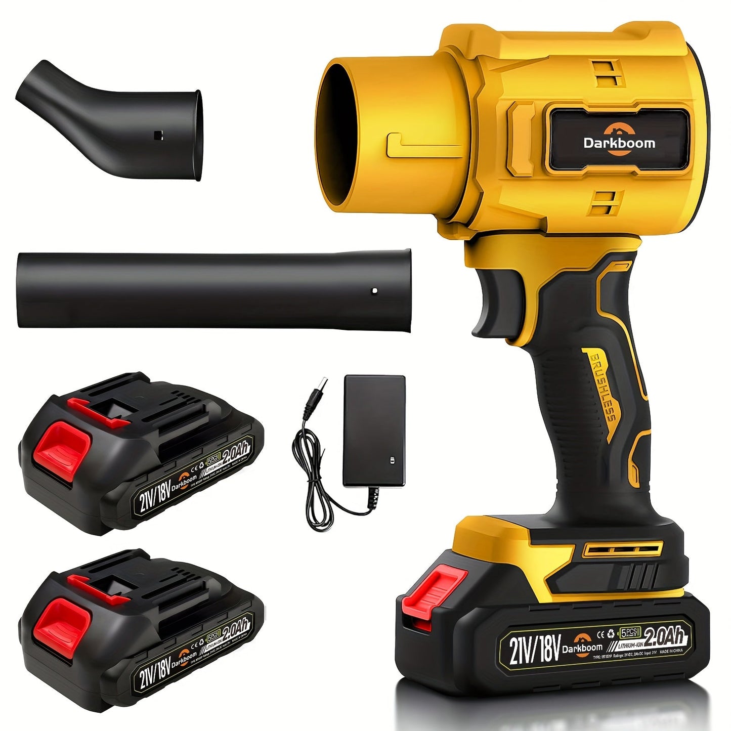 Cordless Handheld Leaf Blower and Air Duster Kit in Yellow or Blue with Two Batteries, Charger and Two Nozzles