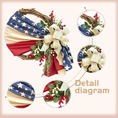 Patriotic 4th of July Door Wreath – Red White & Blue American Flag Wreath with Burlap Bow for Independence Day