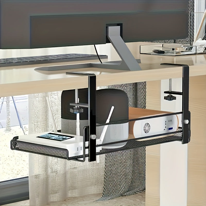 Clamp-On Cable Management Tray No Drill, Under Desk Wire Organizer Alloy Steel Mesh Holds, Fits 0.4"-2.4" Desks