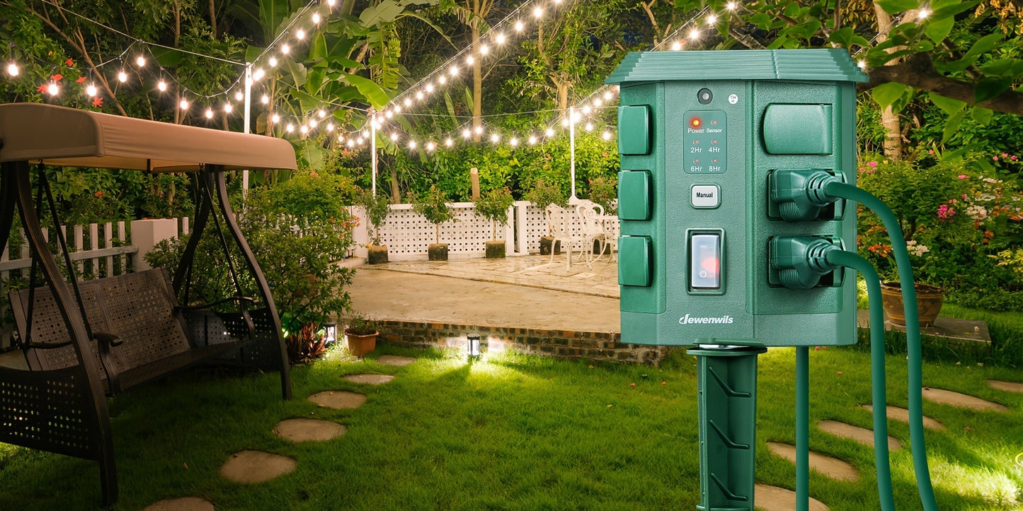 Outdoor Power Stake Timer 6 Outlet, 100FT Wireless Remote Control, Dusk to Dawn Photocell Sensor