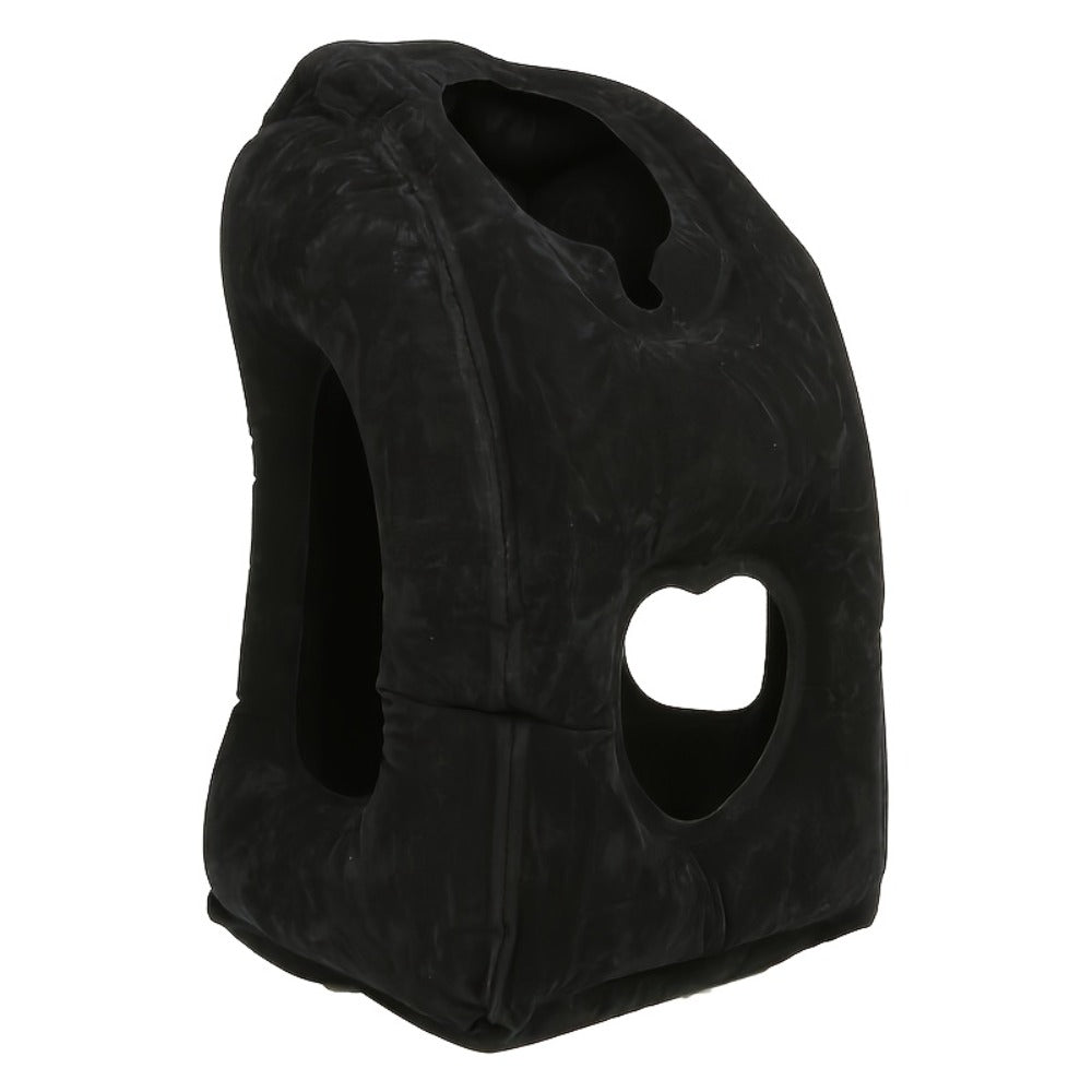 Inflatable Upright Travel Pillow with Face and Side Openings, Carry Bag and Blue, Black or Gray Color Options