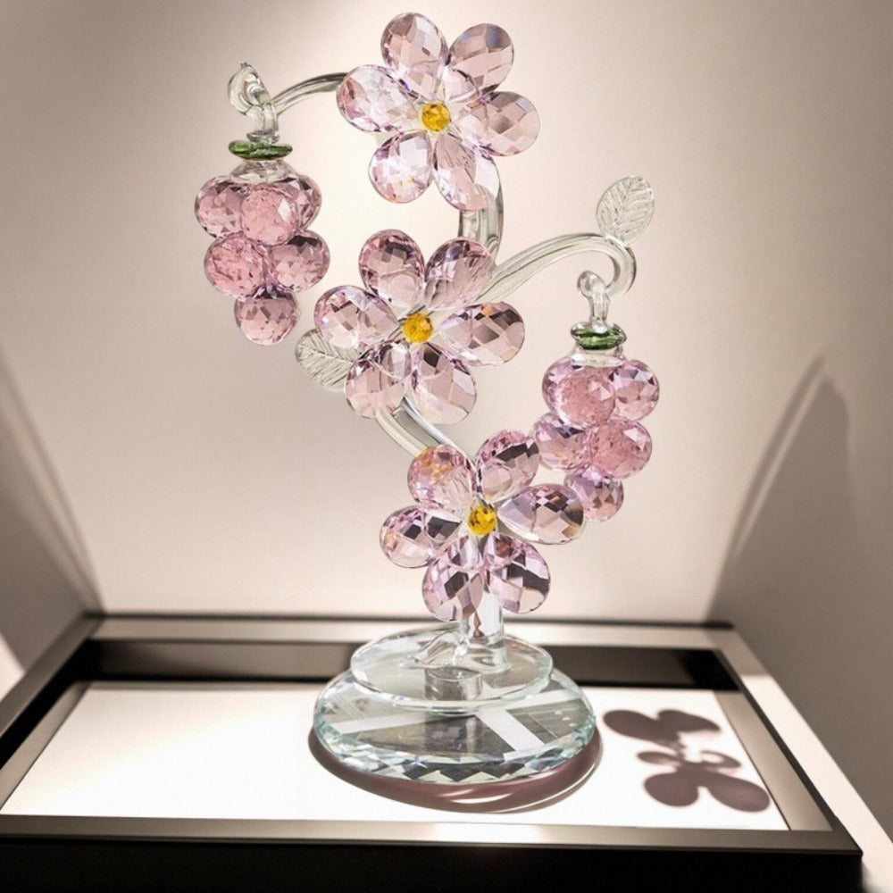 Pink Crystal Tree Statue Ornament – Romantic Crystal Flower Sculpture with Rotatable Base, Elegant Home Decor Gift for Valentine's Day