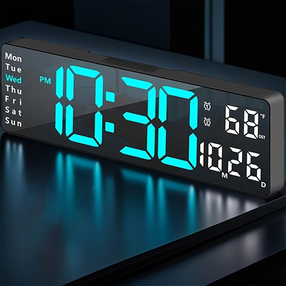 Large Digital Wall Clock 16 Inch LED Color Display, Smart Auto-Dimming 10-Level Brightness, Time Temperature Humidity Monitor
