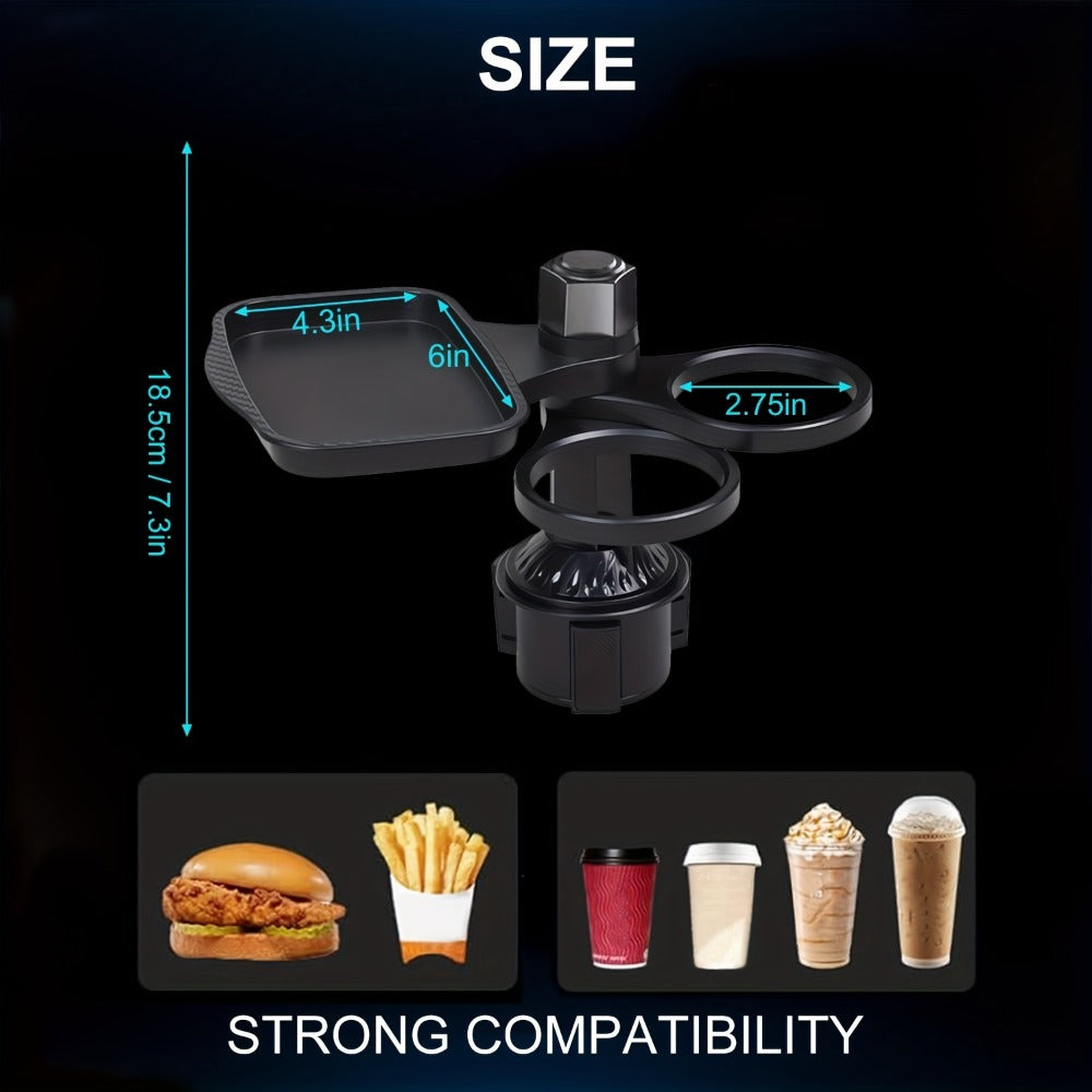 Rotating Car Cup Holder Expander with Dual Drink Rings, 4.3 x 6 Inch Tray, Adjustable Base and Black Finish