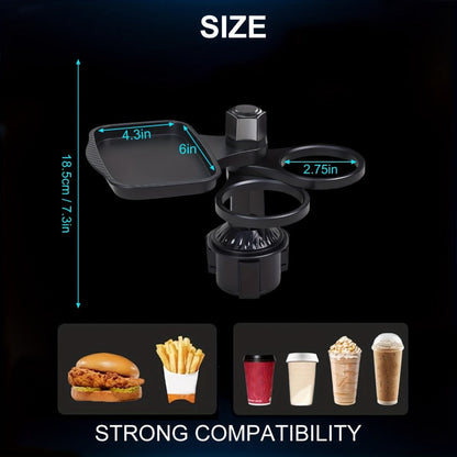 Rotating Car Cup Holder Expander with Dual Drink Rings, 4.3 x 6 Inch Tray, Adjustable Base and Black Finish
