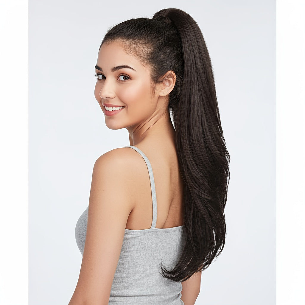 Drawstring Ponytail Extension for Women Long Wavy Layered Wrap Around Clip In Synthetic Pony Tail 26 Inch No Glue No Heat Blonde Brown Ash