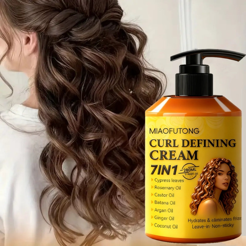 7-in-1 Curl Defining Cream by MIAOFUTONG in 280ml Pump Bottle with Seven Front-Label Botanical Ingredients