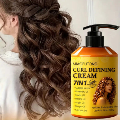 7-in-1 Curl Defining Cream by MIAOFUTONG in 280ml Pump Bottle with Seven Front-Label Botanical Ingredients