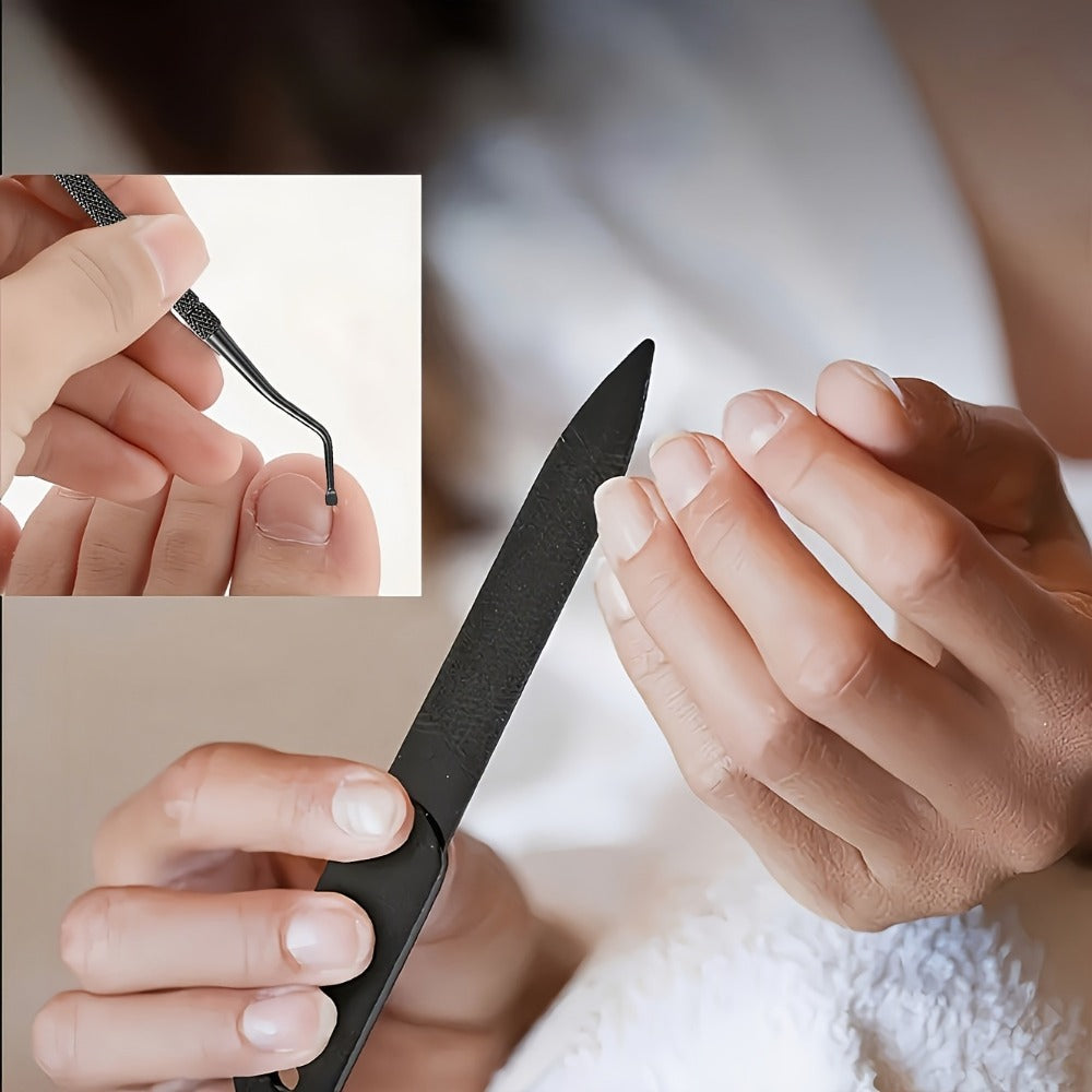 Angled-Jaw Nail Clipper Set, Five-Piece Black-Handle Kit with 25-Degree Tool, Lifter and File