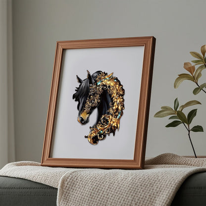 Ornate Horse Silhouette Wooden Jigsaw Puzzle with Gold-Tone Scrollwork in Three Size Options for Display