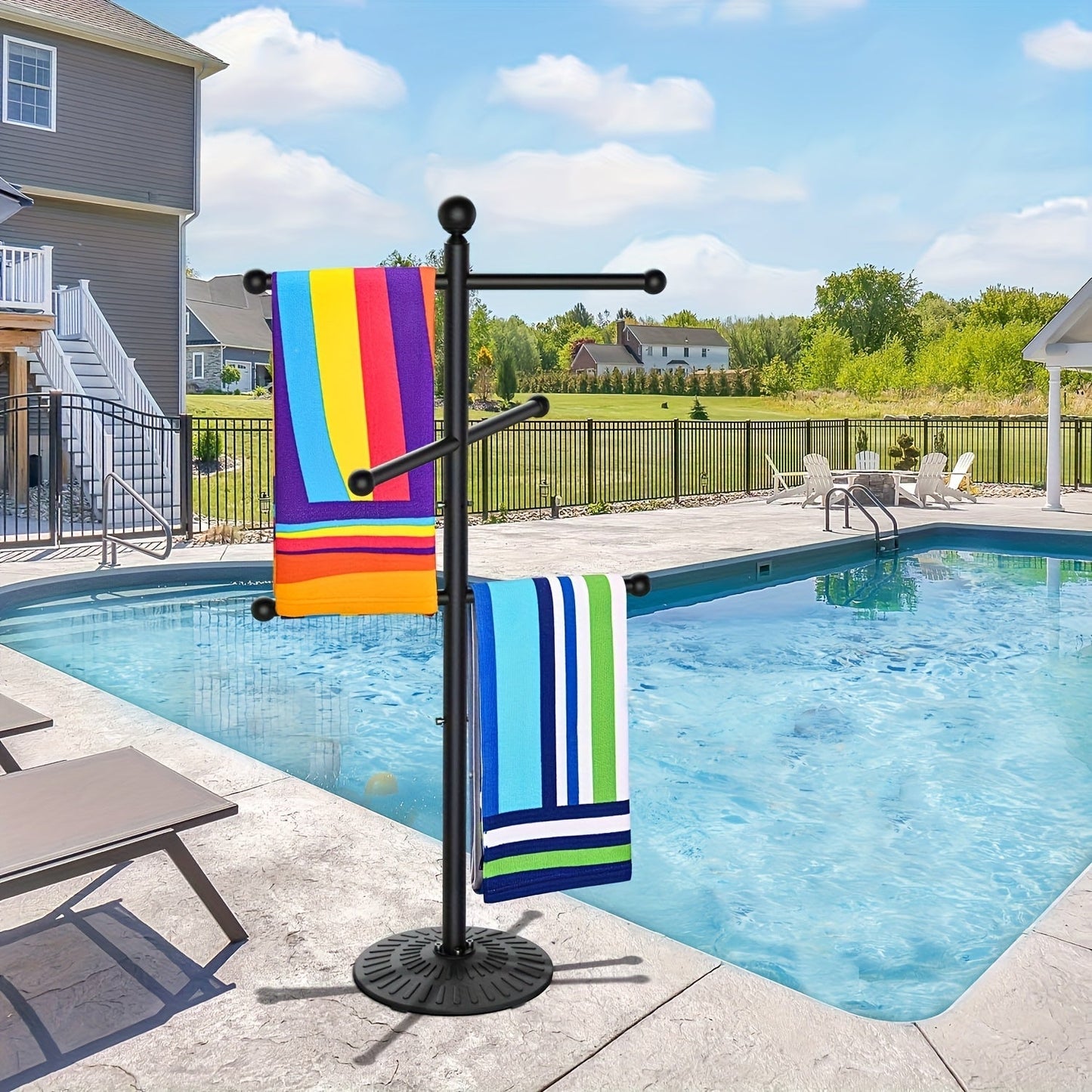 Pool Towel Rack Freestanding Outdoor – 3-Bar Iron Towel Stand with Hooks, Windproof Wide Base, No Sand Needed