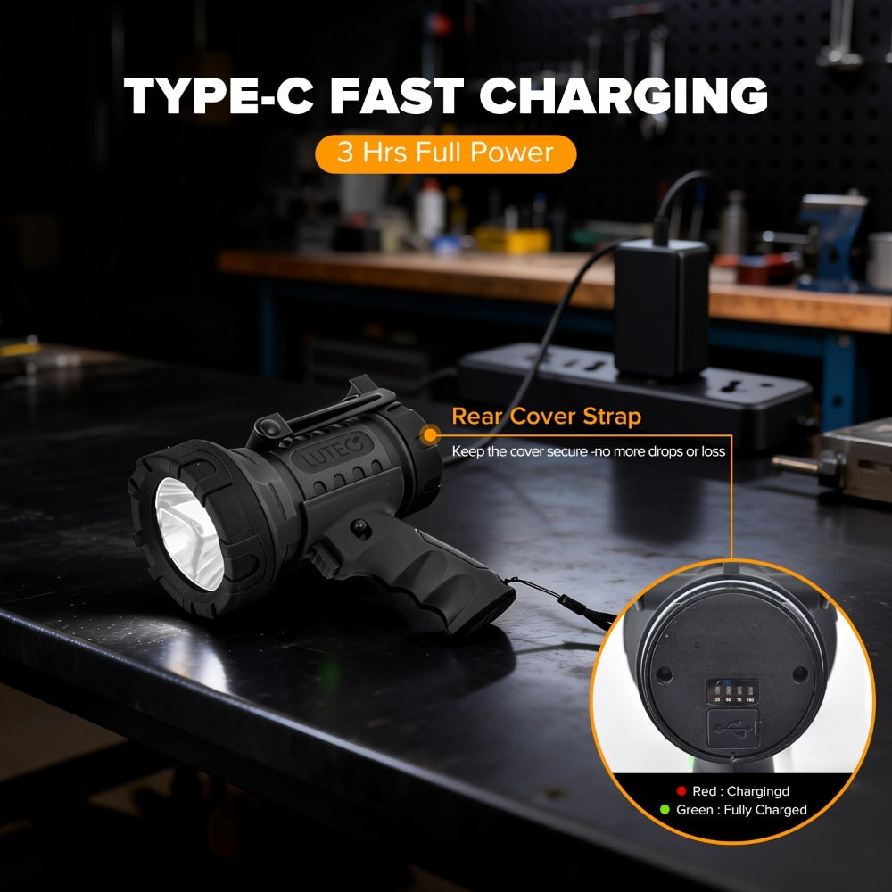 Rechargeable Spotlight Flashlight 1500LM Extremely Bright Handheld Searchlight, 4 Modes, Foldable Stand