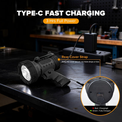 Rechargeable Spotlight Flashlight 1500LM Extremely Bright Handheld Searchlight, 4 Modes, Foldable Stand