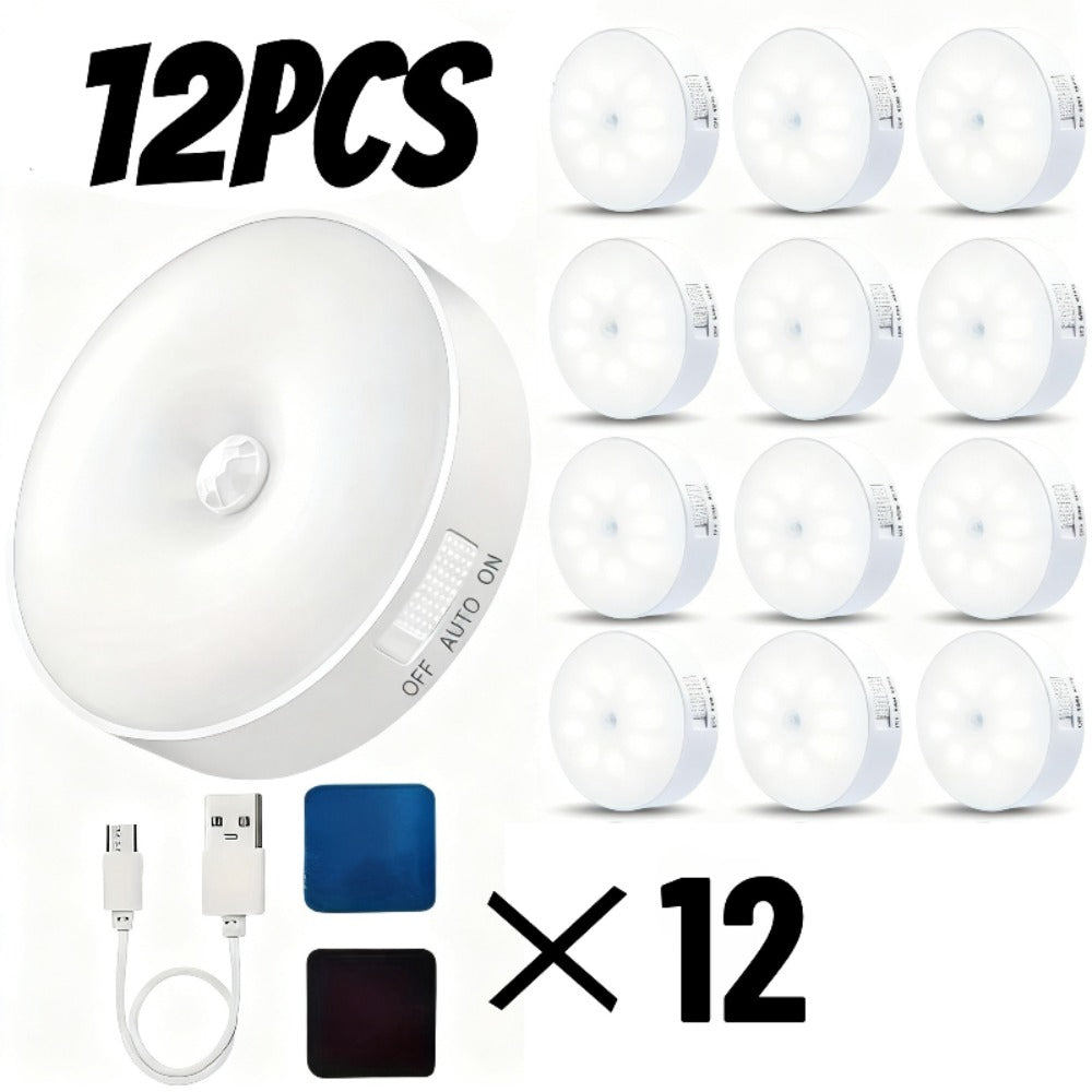 Night Light Motion Sensor 8-LED Puck Set with USB Rechargeable Power, Warm or White Light in 6- and 12-Piece Packs