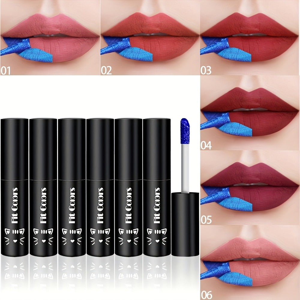 Matte Velvet Lip Stain Set 6 Colors Waterproof Smudge-Proof, Metallic Blue Cobalt Bold Shades Vegan Lip Gloss for All Skin Tones