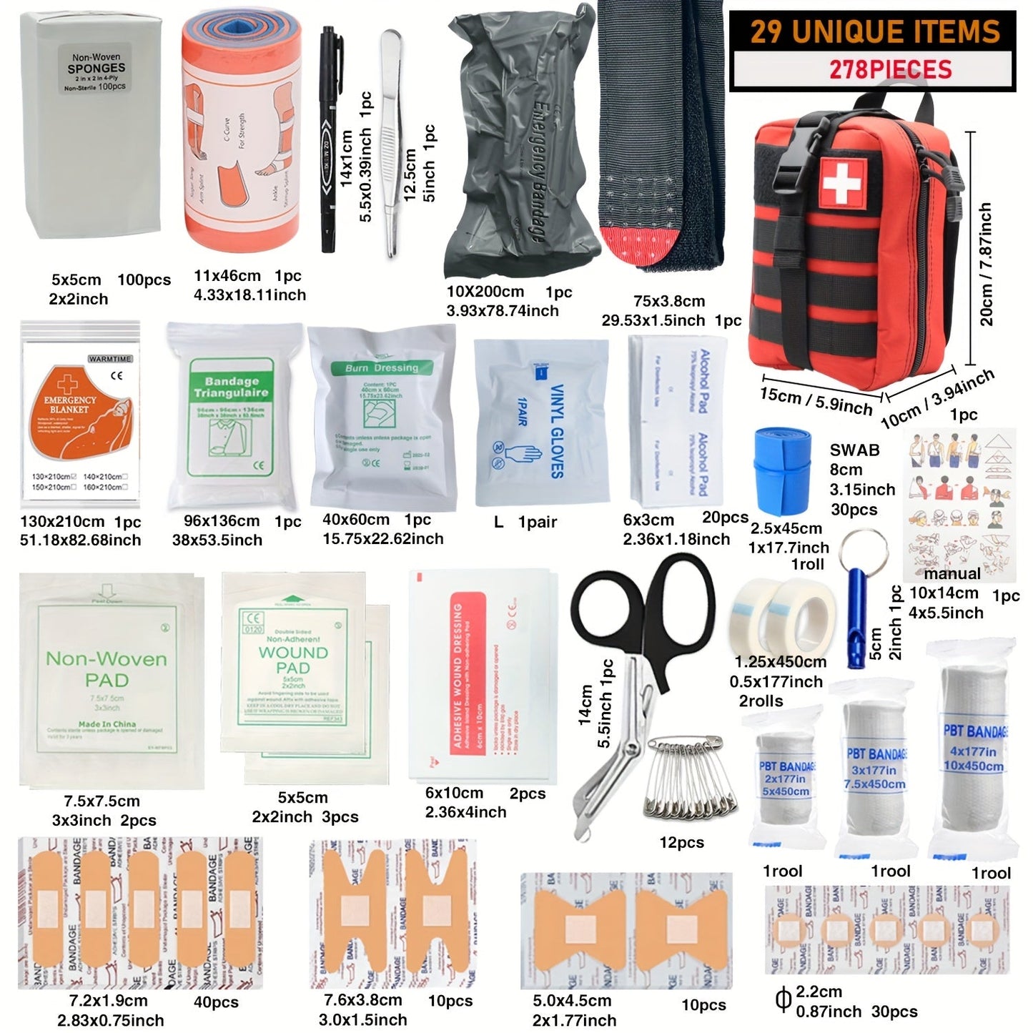 278-Piece First Aid Supply Kit in Roll-Out Tactical Bag with Black, Orange or Red Case Options