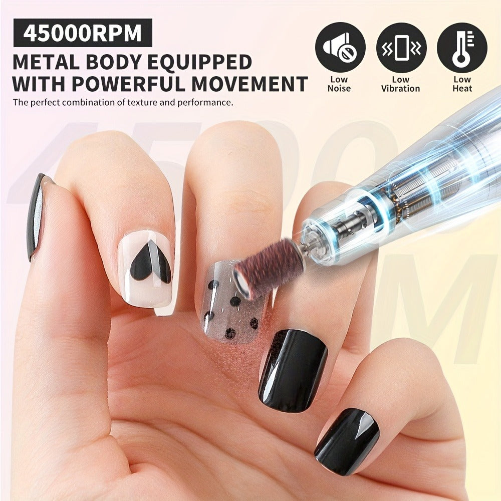 Electric Nail Drill 45000 RPM Rechargeable Kit with LCD Display and White or Golden Color Options