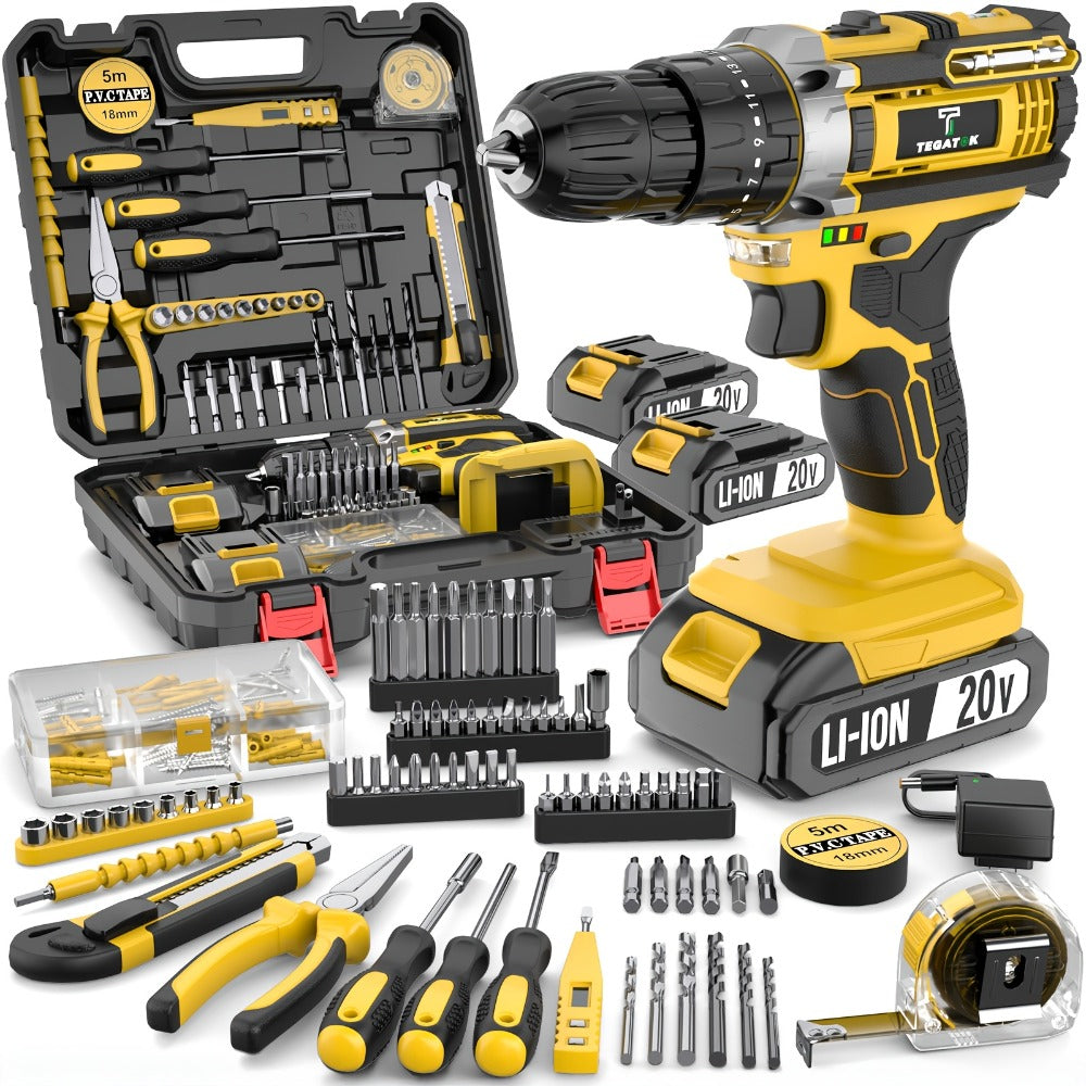 20V Cordless Drill Set Impact Power Drill 3/8 Inch Keyless Chuck 18+3 Clutch 45Nm Max Torque for Entryways, Bedrooms and Living Spaces
