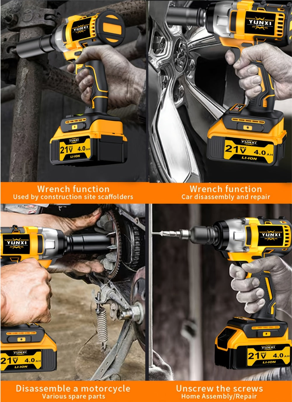 Power Tools YUNXI 21V Brushless Cordless Impact Wrench Kit with 4000mAh Battery and Configurable Accessories