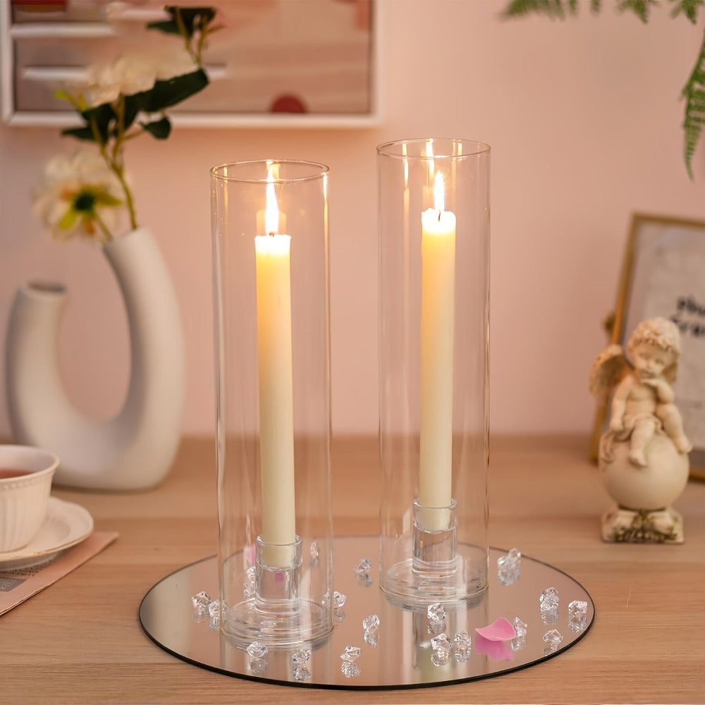 Hurricane Glass Candle Holders for Taper Candles, 11.8 Inch Tall Clear Cylinder Windproof Candlestick Stand for Wedding