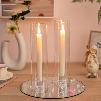 Hurricane Glass Candle Holders for Taper Candles, 11.8 Inch Tall Clear Cylinder Windproof Candlestick Stand for Wedding