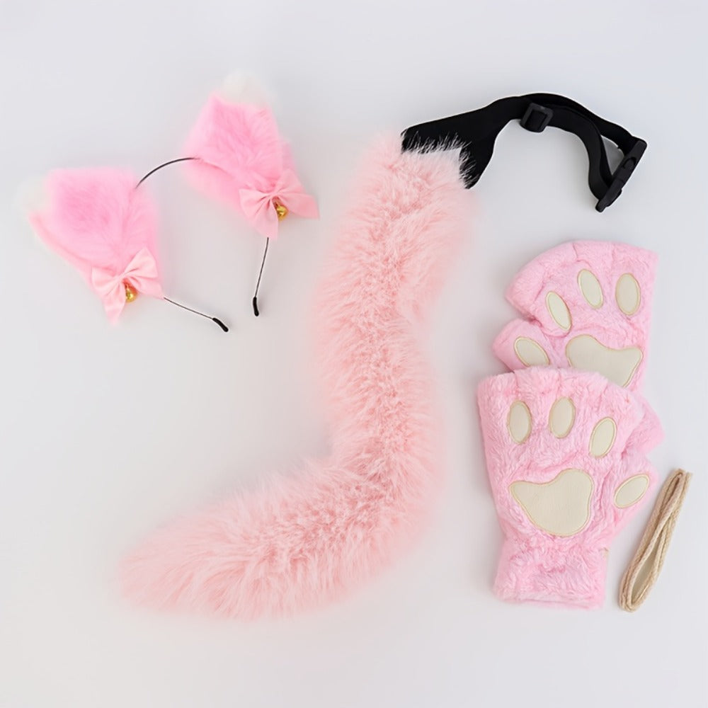 Cat Costume Set 3 Piece, Bell Ear Headband, Plush Paw Gloves & Adjustable Tail for Halloween, Cosplay