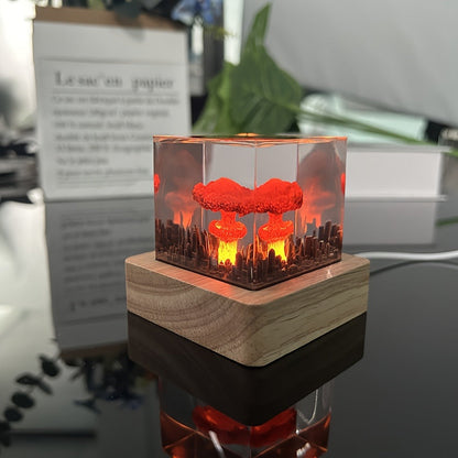 Night Light Mushroom Cloud USB LED Display Lamp with Red Glow, Clear Cube Shade and Sci-Fi Desk Accent Design