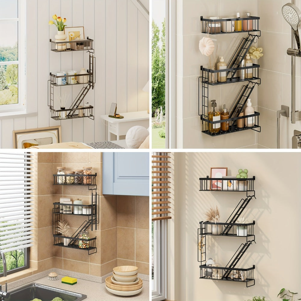 Three-Tier Black Ladder Wall Shelf with 27-Inch Height, Three Baskets and Side Hook Set for Storage