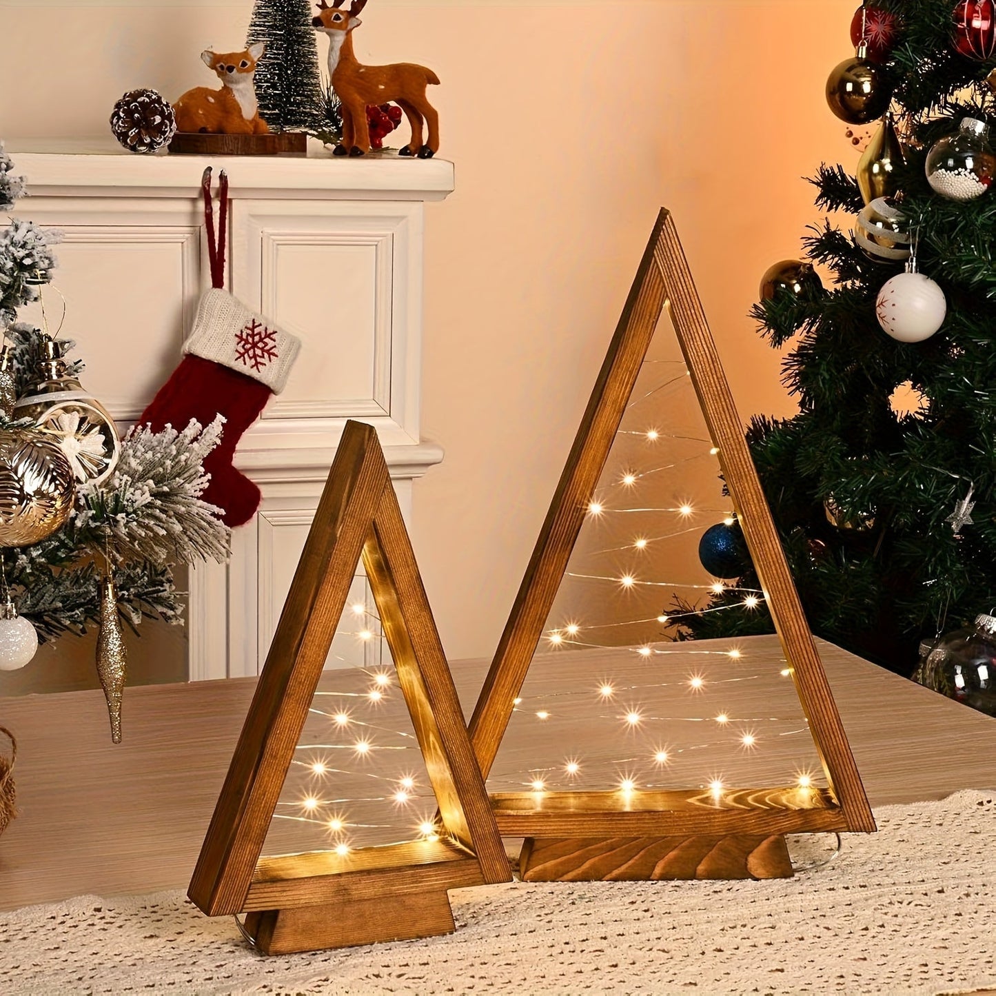 Wooden Light-Up Desktop Christmas Trees USB Powered - Mini Lighted Wood Tree Set for Holiday Decoration