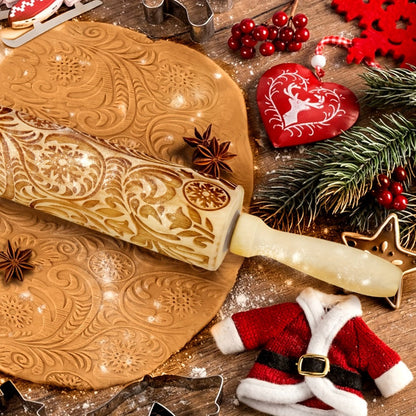 Embossed Wooden Rolling Pin with Engraved Pattern, Decorative Patterned Rolling Pin for Cookie Baking