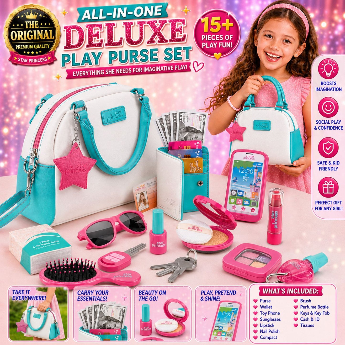 Girls Pretend Play Purse Set for Kids Ages 3-8, 18+ Piece Princess Handbag with Toy Phone, Makeup