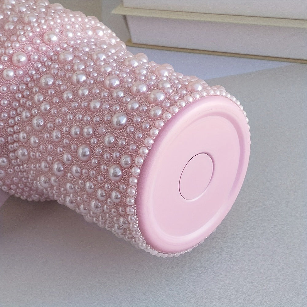 Insulated Tumbler 40oz Pearl Rhinestone Stainless Steel with Handle and Straw in White or Pink
