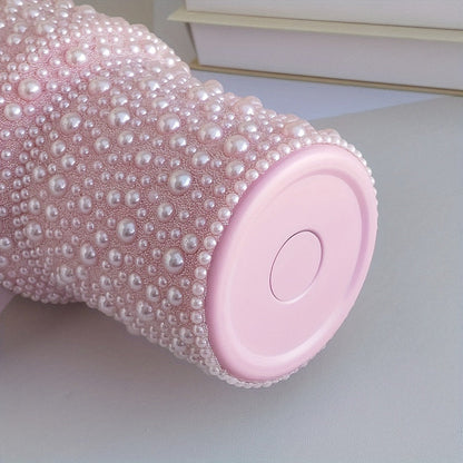 Insulated Tumbler 40oz Pearl Rhinestone Stainless Steel with Handle and Straw in White or Pink