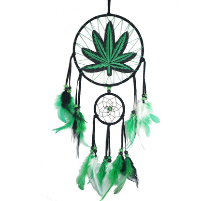 Bohemian Dream Catcher with Feathers & Leaf Embroidery, Boho Wall Hanging Decor for Bedroom, Bedside